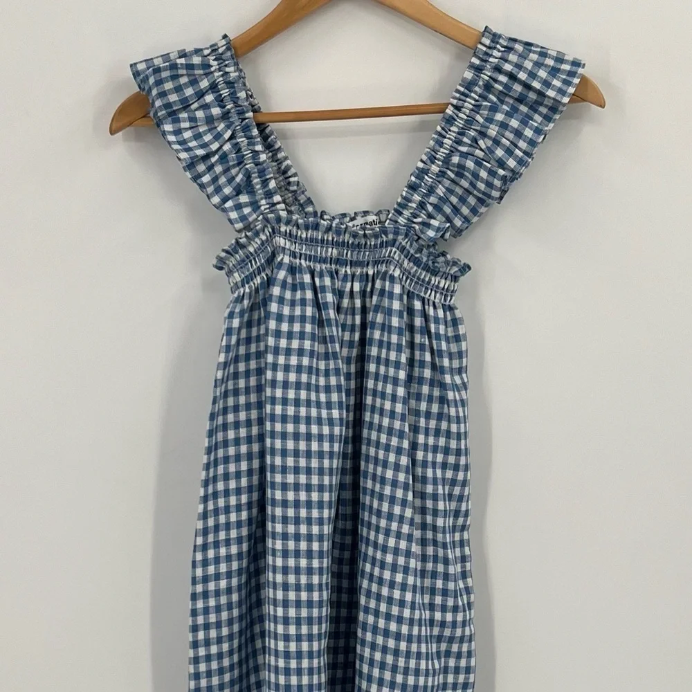 Reformation Albany Checkered Dress Blue white linen ruffle mini nap Gingham - Picture 3 of 5